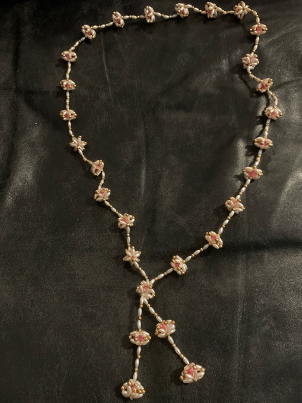 Vintage Handcrafted Pink and Pearl Flower Station Necklace - Unbranded